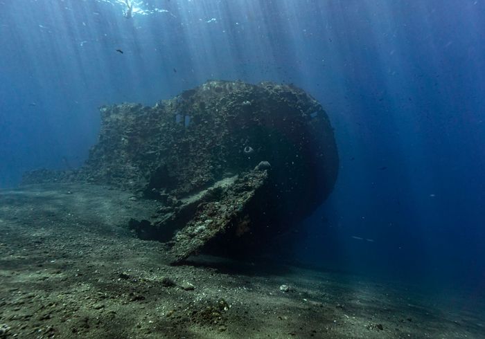Explore an underwater wreckage surrounded by ocean marine life in Bali's deep blue sea.