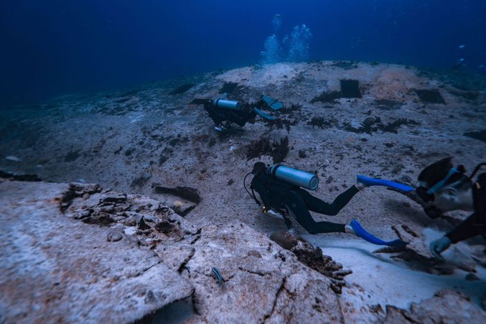 Scuba divers exploring underwater terrain in Isla Mujeres, Mexico.