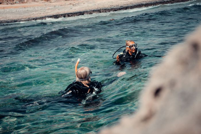 Two scuba divers enjoying a swim in clear ocean waters, near a scenic coastline.