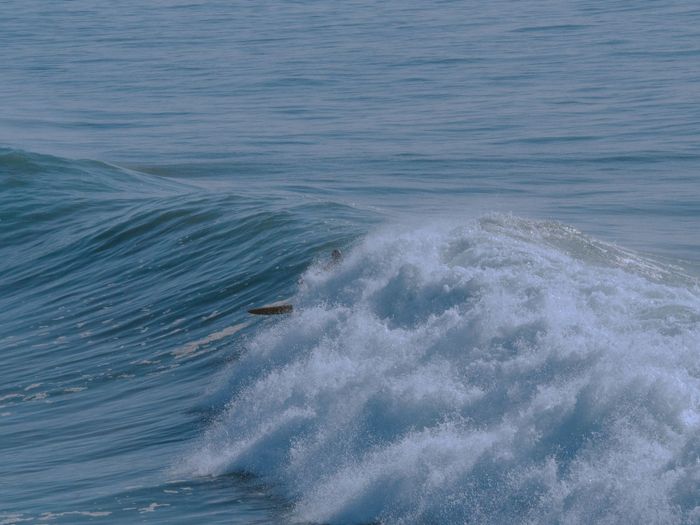 Dynamic ocean wave crashing at Taghazout's coast, showcasing nature's power.