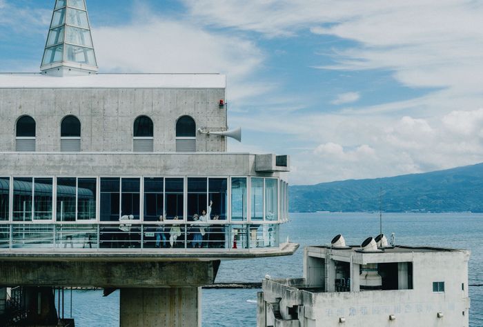 A modern observation deck overlooking the sea in West Izu, Shizuoka Prefecture, Japan, with a scenic ocean view.