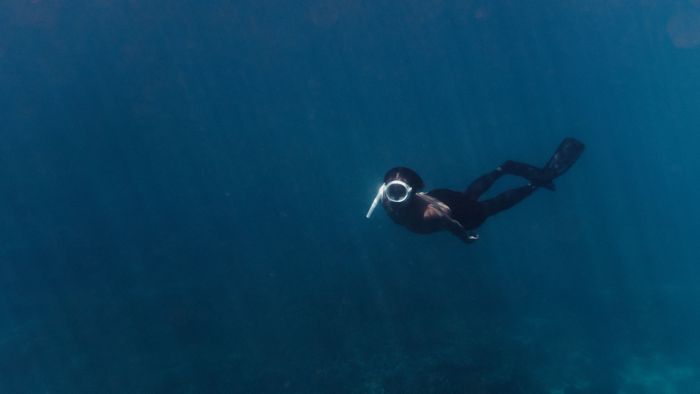 A diver exploring the deep blue ocean, capturing the essence of underwater adventure and exploration.