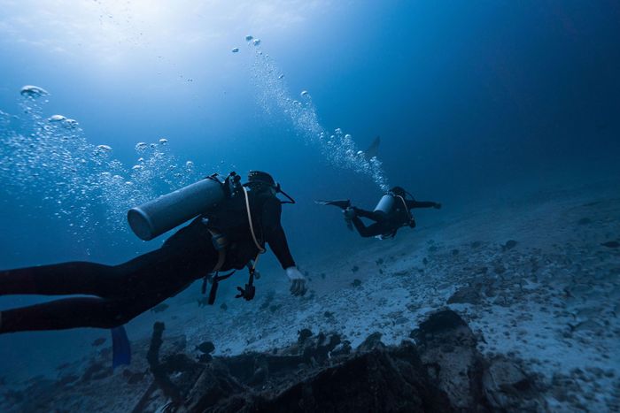 Scuba divers exploring the underwater world in Isla Mujeres, Mexico.