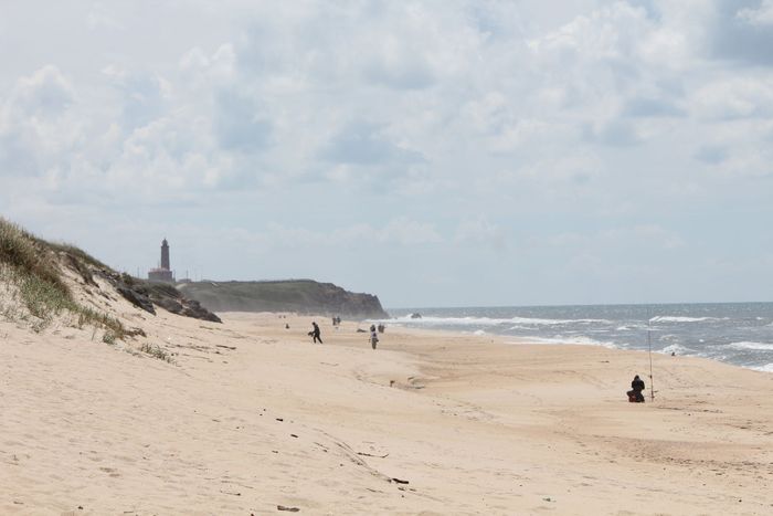 Tranquil beach with lighthouse view in Marinha Grande, Portugal, ideal for nature lovers.