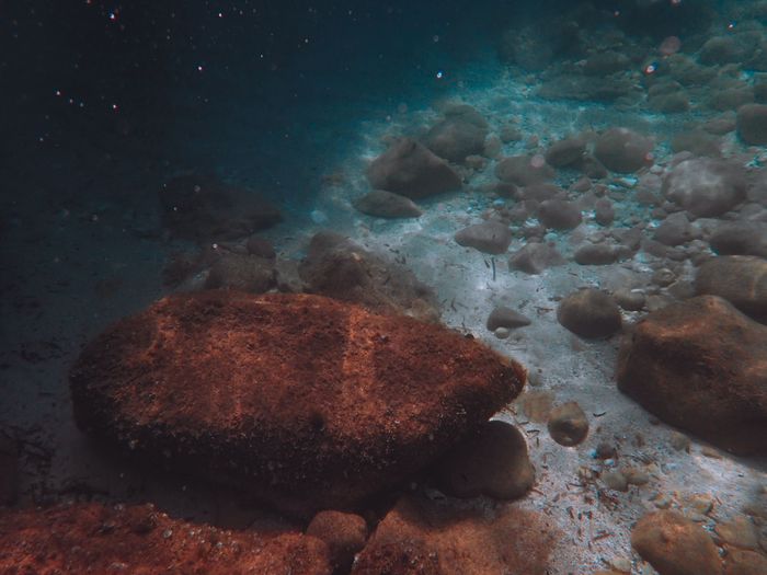 A tranquil underwater view showcasing rocks and stones on the ocean floor, with natural light filtering through water.