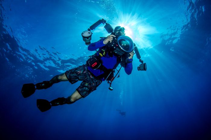 Scuba diver with professional camera gear exploring the ocean depths.
