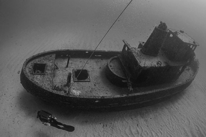 Black and white photo of a scuba diver exploring a sunken ship underwater.