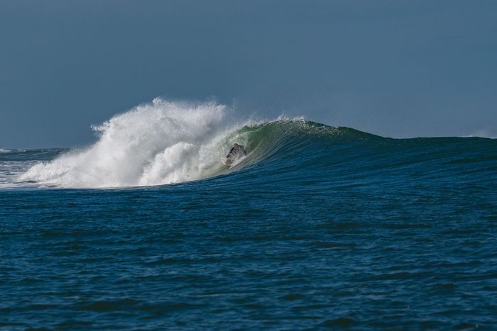 A thrilling surfer catching a massive wave in the open ocean, displaying incredible skill.